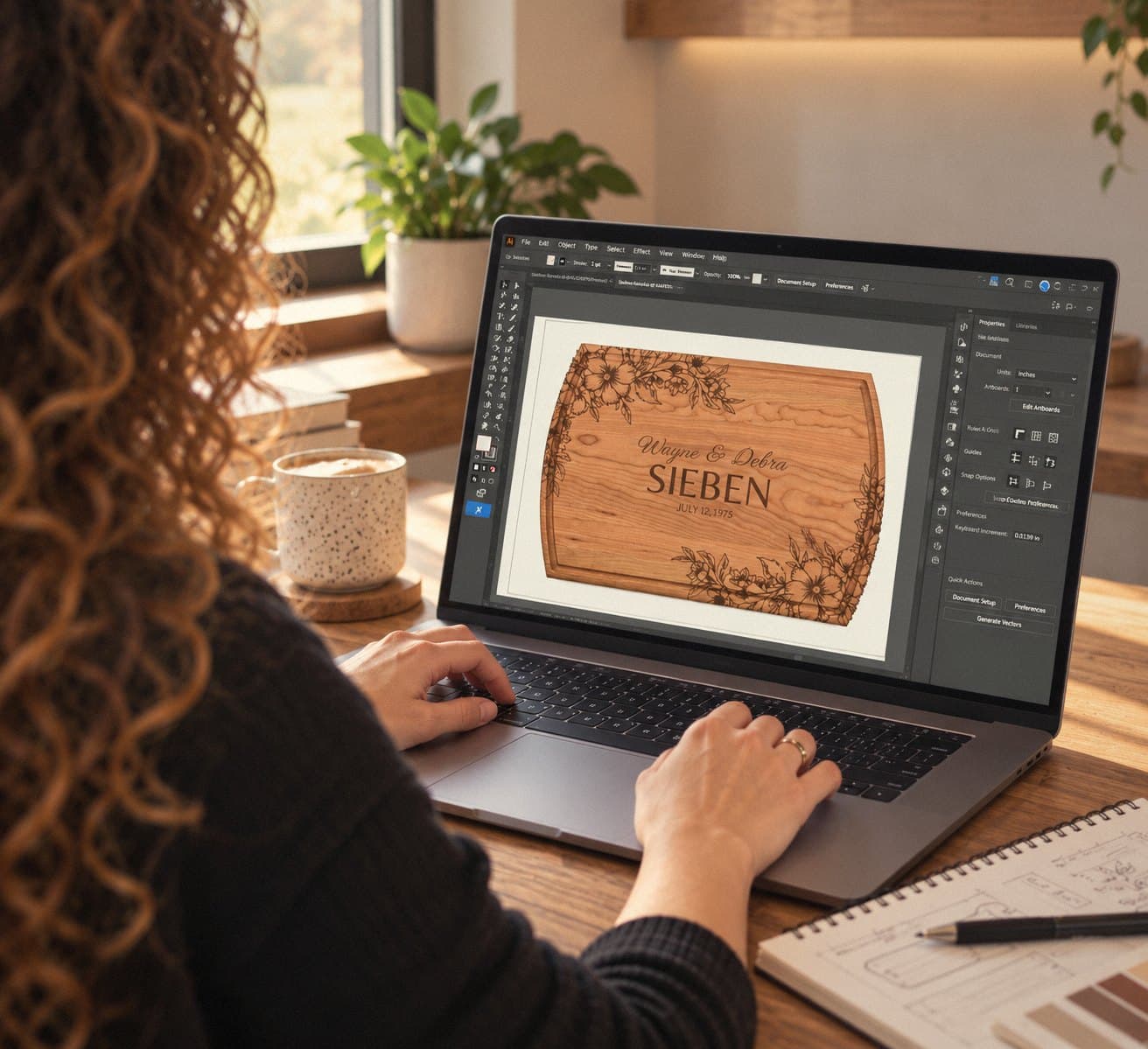 Donna designing a personalized cutting board layout on her laptop