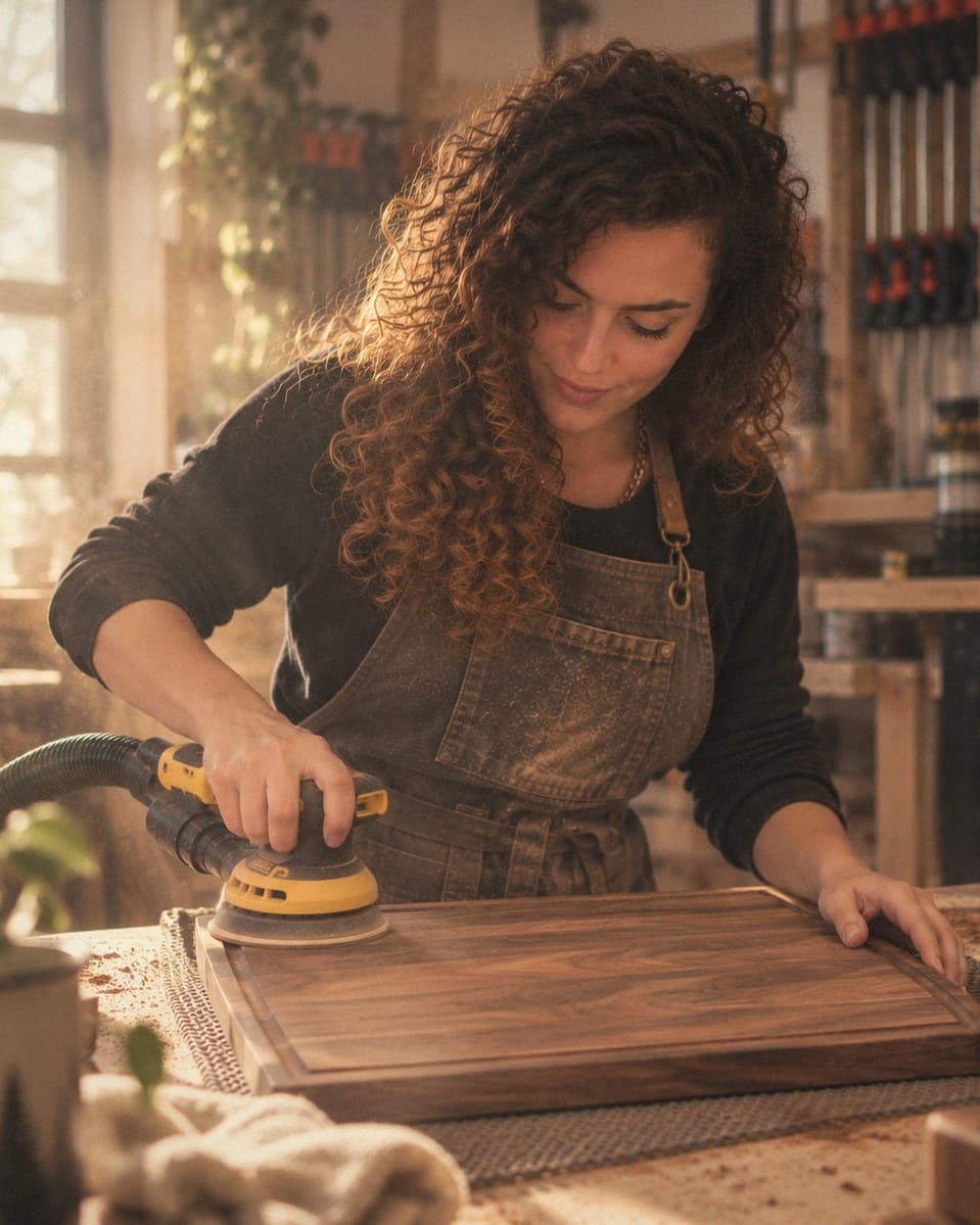 Donna sanding a walnut cutting board in the Coco Bolo studio