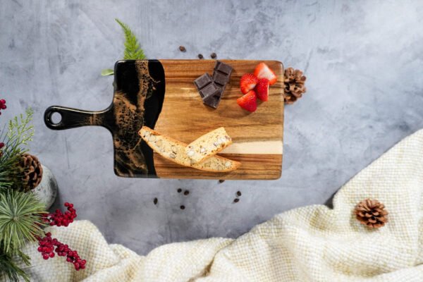 Black ember epoxy design charcuterie board with handle