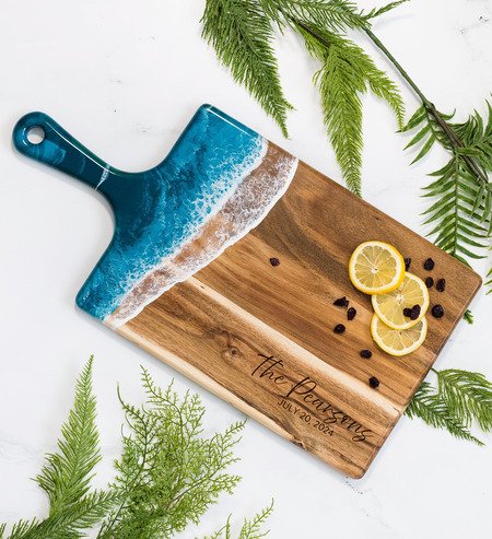 The Pearsons Handle-01 Epoxy handle cheese serving board, ocean vibes, engraved