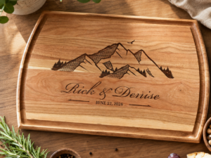 Cherry Wood Cutting Board Engraved with Mountain scape and personalized message