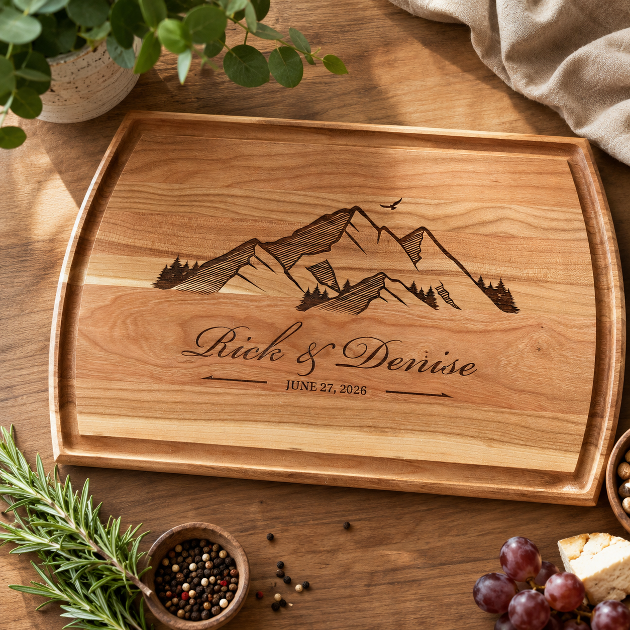 Mountain Landscape Personalized Cutting Board 1 Cherry Wood Cutting Board Engraved with Mountain scape and personalized message